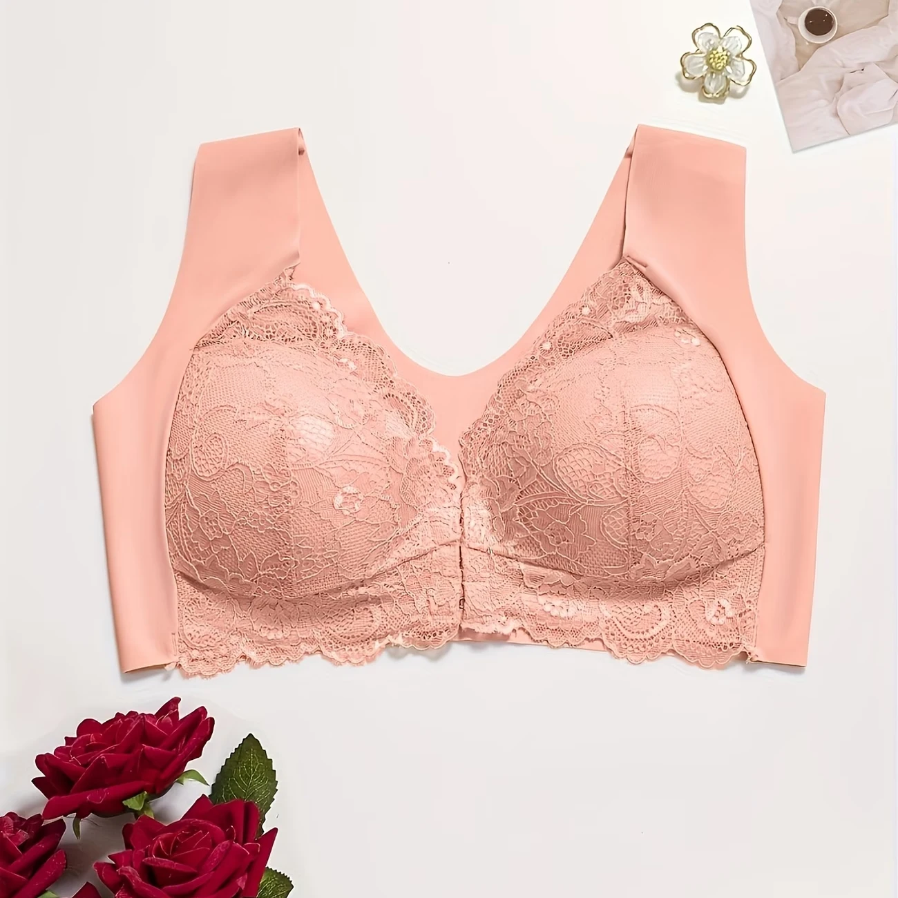 Women's Floral Lace Front-Closure Bra - Wide Straps Seamless Back-Smoothing Bralette - Front-Closure Lace Bra 10 Women's Floral Lace Front-Closure Bra - Wide Straps Seamless Back-Smoothing Bralette - Front-Closure Lace Bra - Image 10
